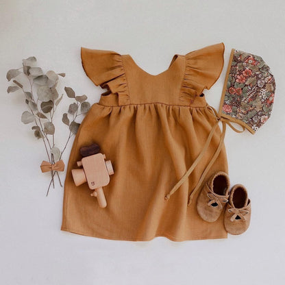 Cotton And Linen Girls Dress Summer Vest With Ruffles