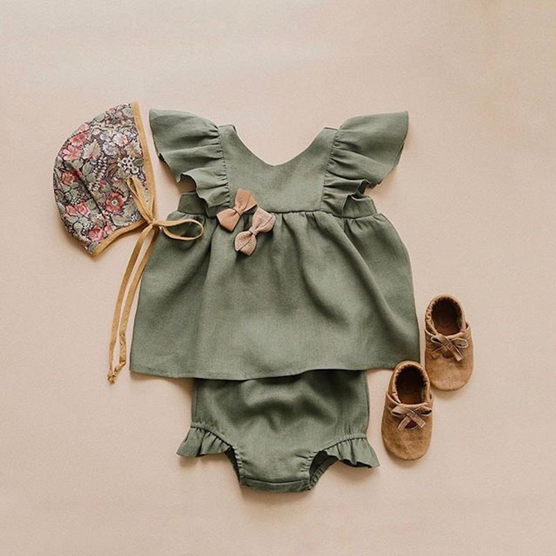 Cotton And Linen Girls Dress Summer Vest With Ruffles