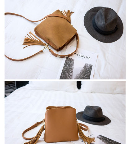 Spring new frosted tassel bucket bag Korean version of the wild shoulder bag female handkerchief retro Messenger