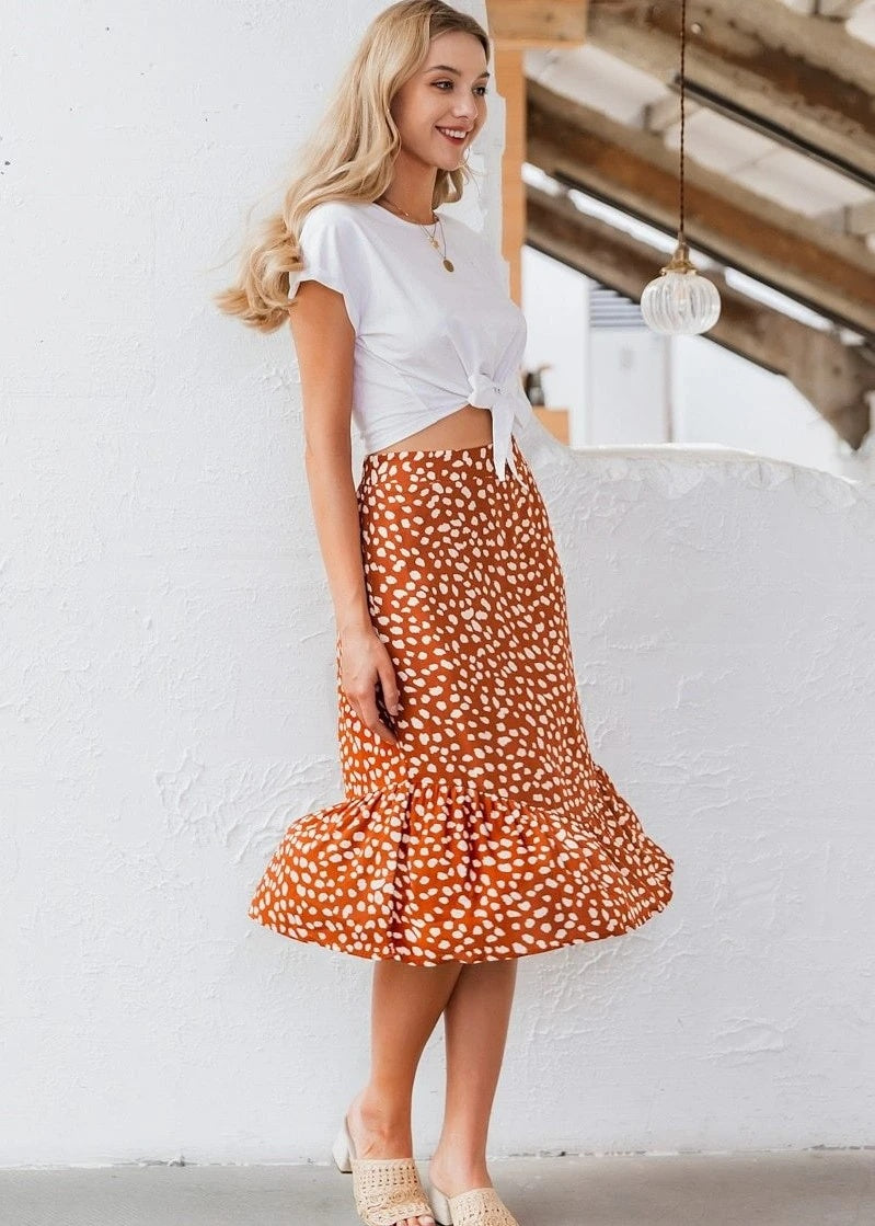 Mid-length ruffled skirt high waist skirt