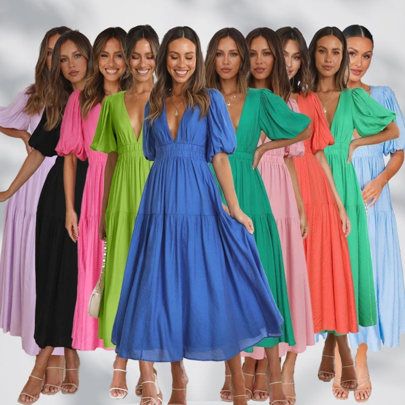 V-neck Waist-tight Mid-length Dress