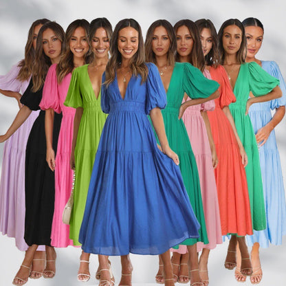 V-neck Waist-tight Mid-length Dress