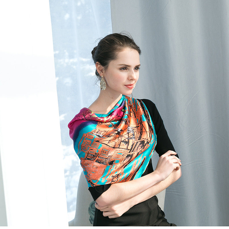 Peacock Blue Silk Large Square Scarf – Elegant Floral Shawl for Women