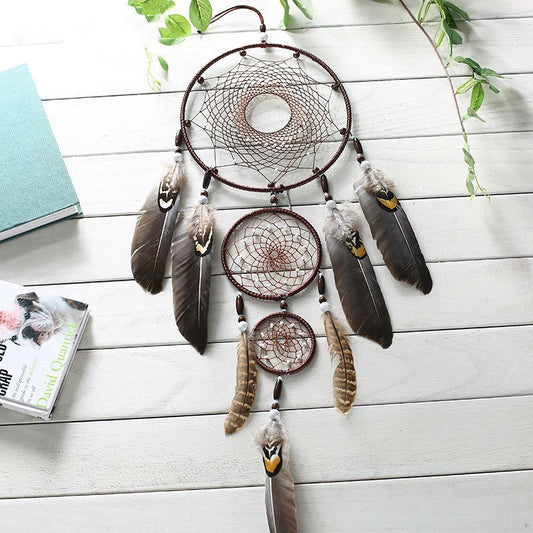 Eagle feather big three ring indoor pendant Indian dream catcher