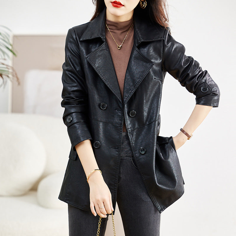 Women’s Mid-Length Sheepskin Leather Coat – Elegant Spring & Autumn Outerwear