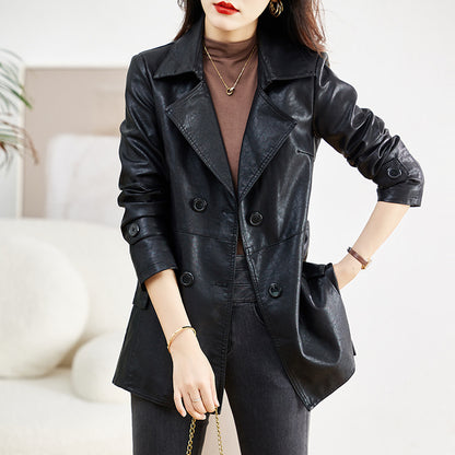 Women’s Mid-Length Sheepskin Leather Coat – Elegant Spring & Autumn Outerwear