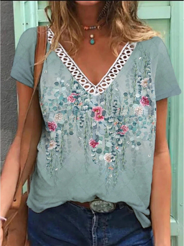 Women's V-neck Lace Casual Top Short Sleeve Printed Stitching T-shirt
