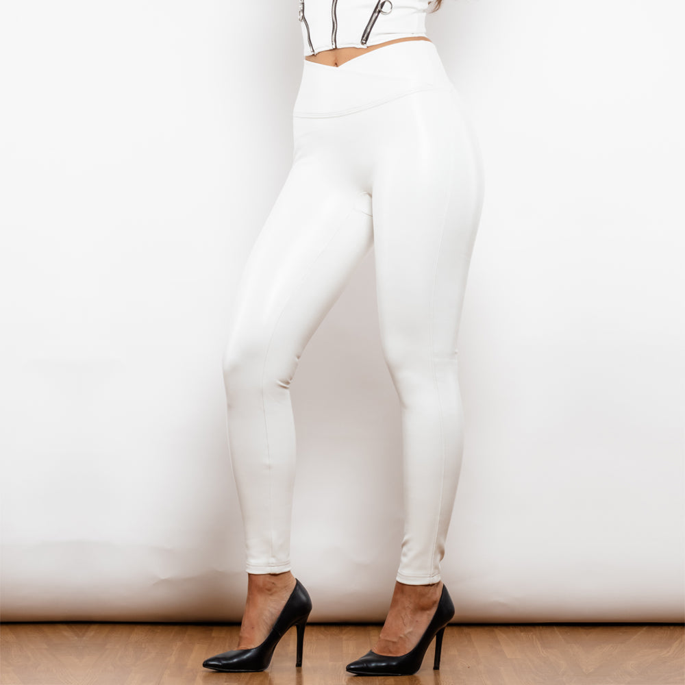 Shascullfites Melody X Cross Solid White High Waist Leather V Shape Leggings Leather Pants X Cross Pants Leather Leggings - myETYN