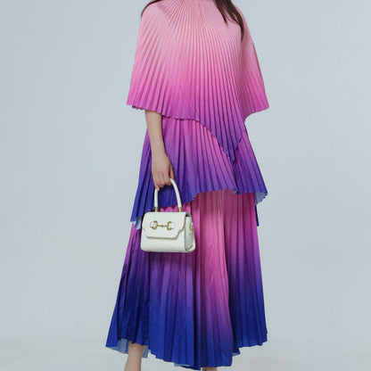 Gradient Color Temperament Printed Cape Top Pleated Loose