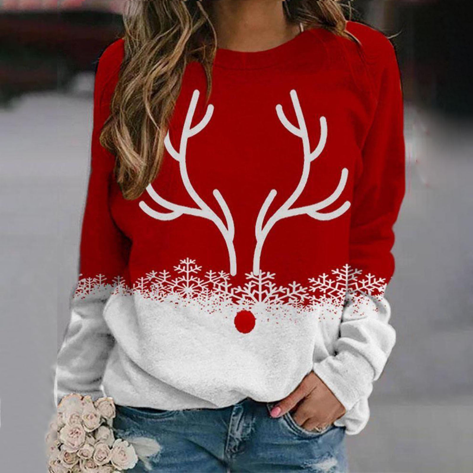 Snowflake Christmas Deer Printed Round Neck Street Pullover Sweater - myETYN