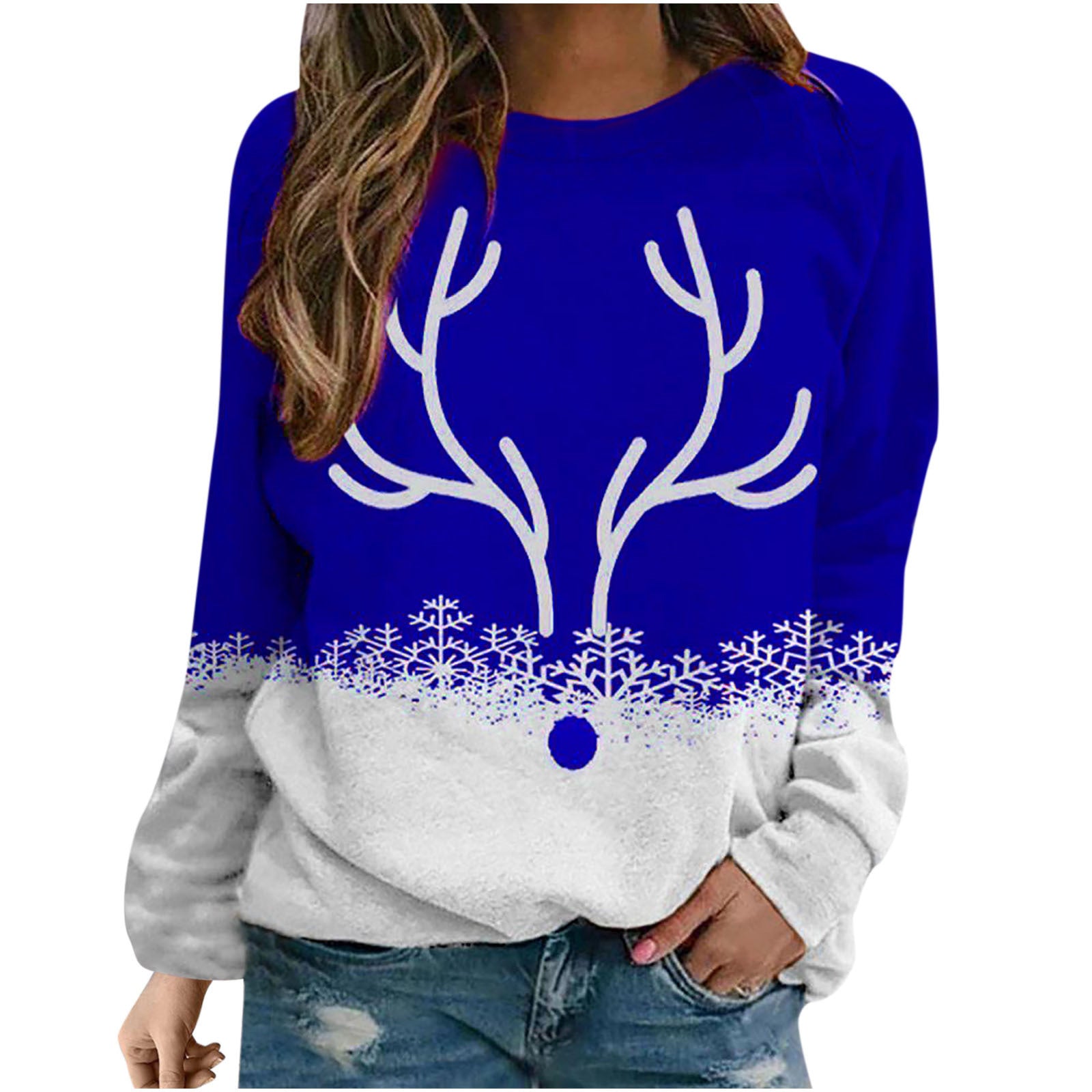 Snowflake Christmas Deer Printed Round Neck Street Pullover Sweater - myETYN