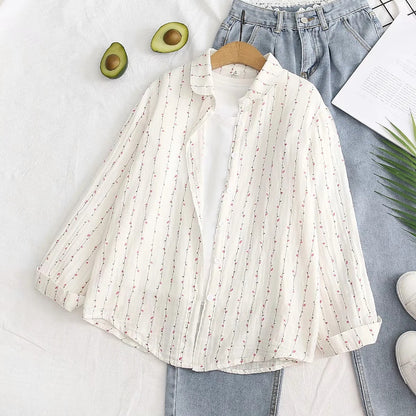 Autumn New Double-layer Cotton Yarn Long Sleeves Shirt Women's Korean-style Loose Artistic Small Floral Cotton Soft Shirt