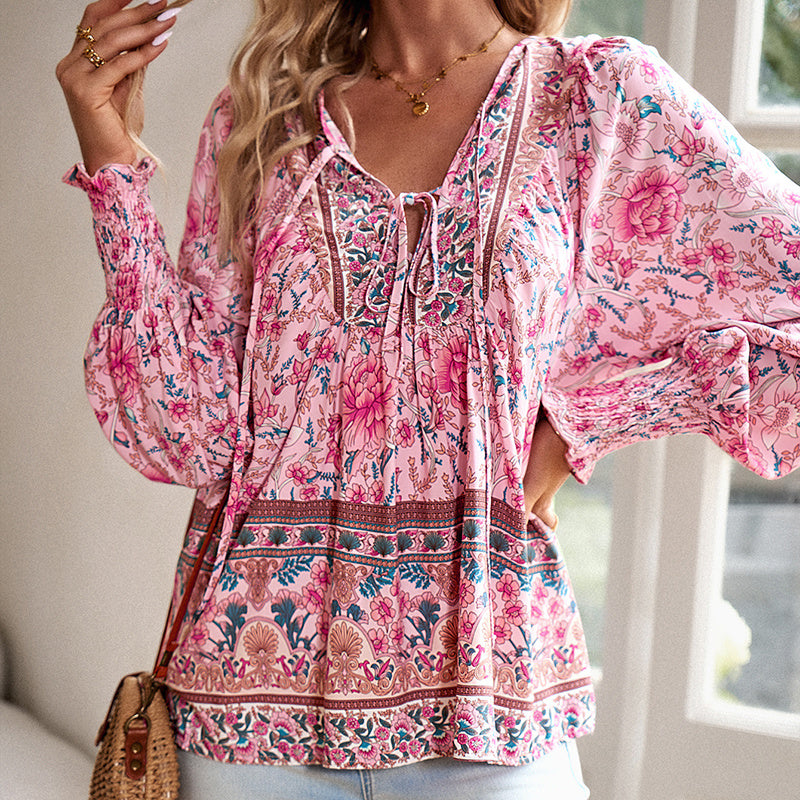 Wpmens Boho Chic Long Sleeve Blouse Floral Print V-Neck Top With Lace-Up & Drawstring Detail Elegant Vacation Shirt