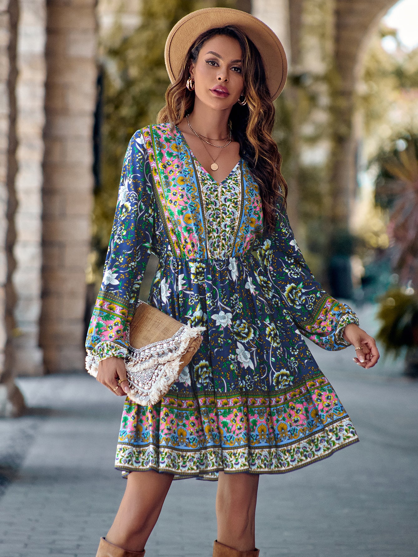 Printed V-neck Waist-controlled Long Sleeves Dress Women - myETYN