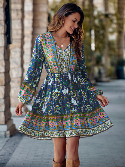 Printed V-neck Waist-controlled Long Sleeves Dress Women - myETYN