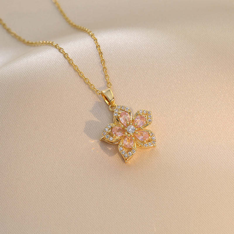 Ins Rhinestones Flowers Necklace Fashion Unique Rotatable Necklace Women's Pendant Jewelry