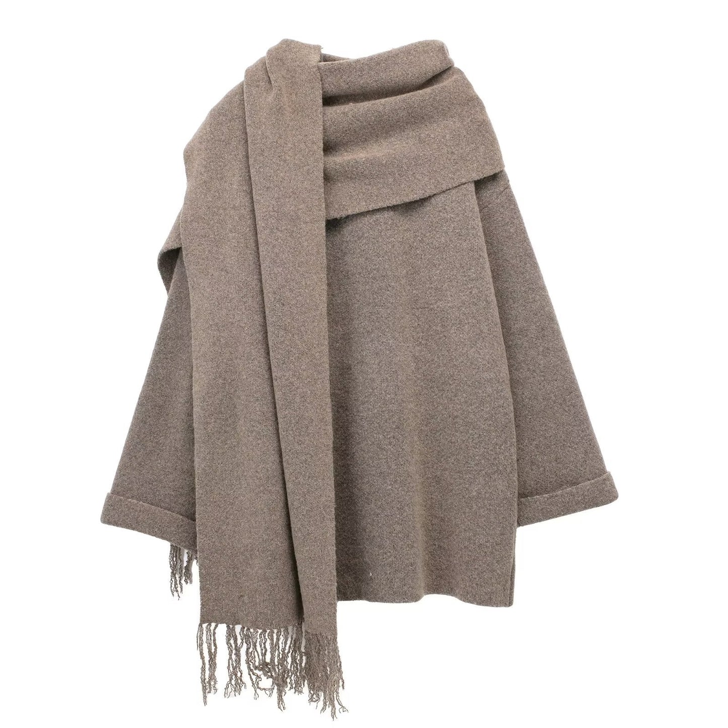 Women’s Winter Woolen Coat with Scarf – Midi Knitted Loose Fit Street Fashion