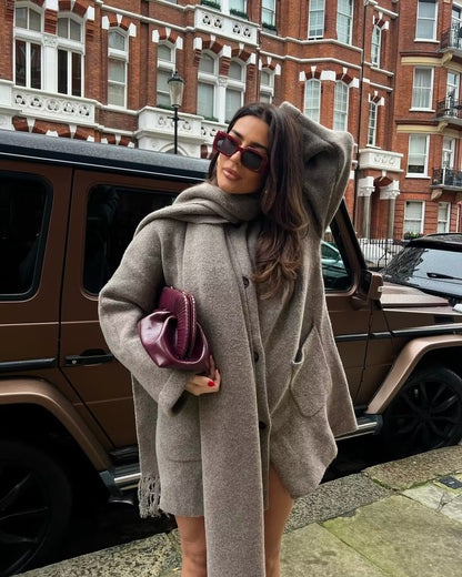 Women’s Winter Woolen Coat with Scarf – Midi Knitted Loose Fit Street Fashion