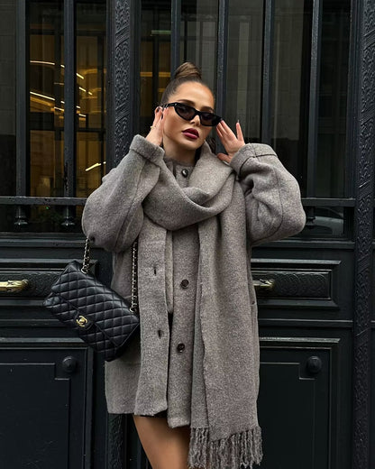 Women’s Winter Woolen Coat with Scarf – Midi Knitted Loose Fit Street Fashion