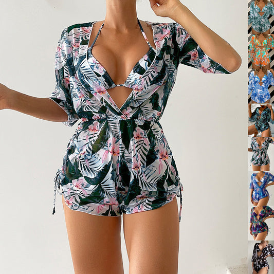 Elevate Your Summer Style with Our Leaf Print V-Neck Swimsuit Set!