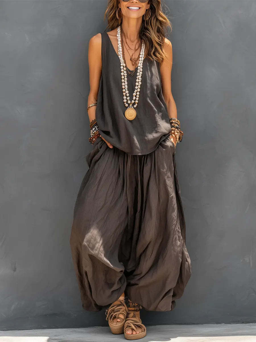 Women’s Cotton Linen Summer Co-Ord Set – Sleeveless Tank & Wide-Leg Pants (Breathable Casual Outfit)