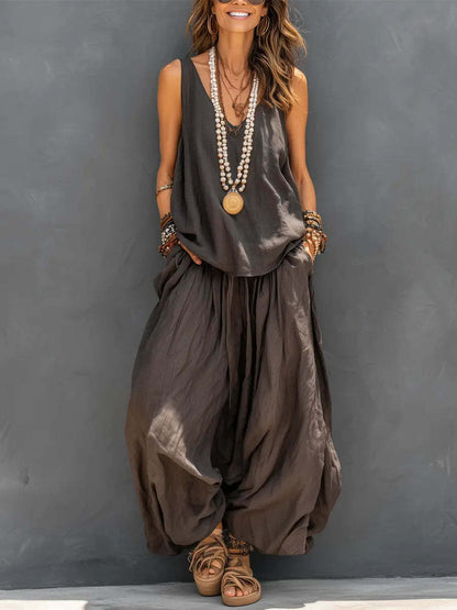 Women’s Cotton Linen Summer Co-Ord Set – Sleeveless Tank & Wide-Leg Pants (Breathable Casual Outfit)