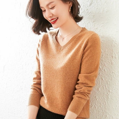 Women’s V-Neck Cashmere Sweater – Solid Color, All-Match Style