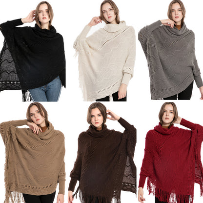 Acrylic Fringed Sweater High Collar Warm Sleeve Pullover Cloak - myETYN