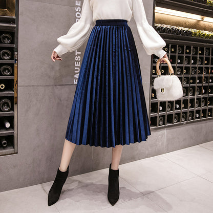 Pleated skirt mid-length a-line skirt