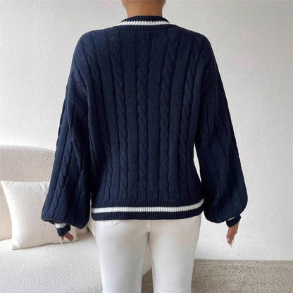 Autumn And Winter Elegant Contrast Color Twisted Loose V-neck Fashion All-matching Women's Sweater