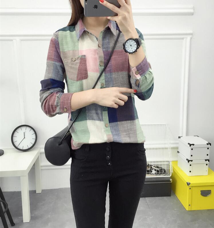 Casual Plaid Women Blouses Kimono Vintage Linen Cotton Long Sleeve Blouse Female Shirts Tops