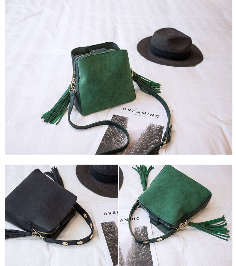 Spring new frosted tassel bucket bag Korean version of the wild shoulder bag female handkerchief retro Messenger