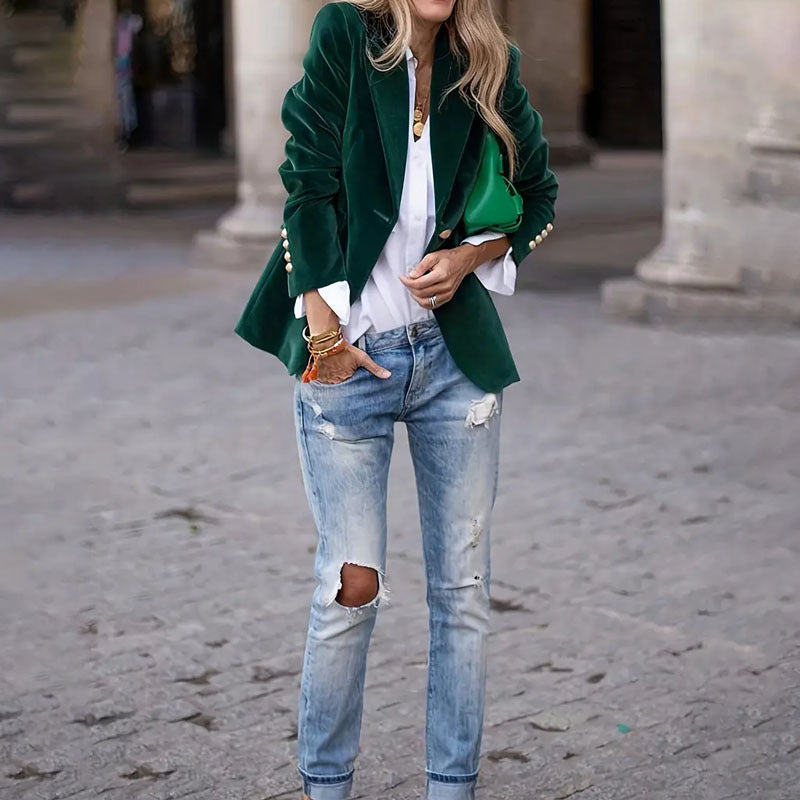 Women’s Velvet Lapel Slim-Fit Blazer — Casual Business Fashion Jacket