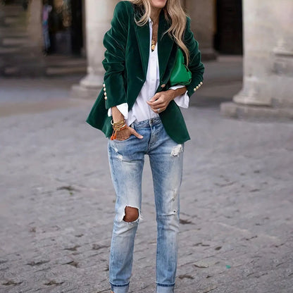 Women’s Velvet Lapel Slim-Fit Blazer — Casual Business Fashion Jacket