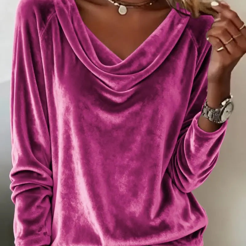 Elegant Velvet Long Sleeve Blouse for Women | Solid Color Loose Fit Pullover Top for Fall & Spring Party Wear