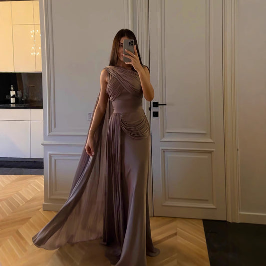 Pleated Ribbon Satin Evening Dress – Greyish Purple