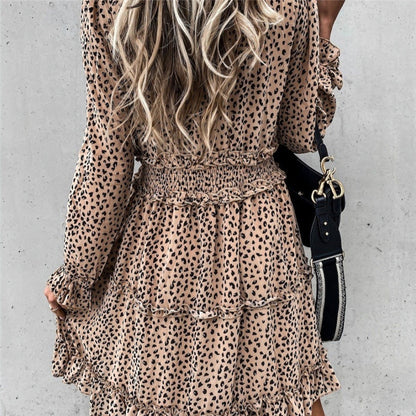 Long Sleeve Elastic Waist Ruffle Print Dress