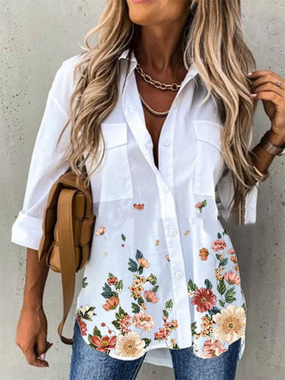 Women's Loose Flower Print Long-sleeved Shirt