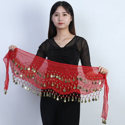 98 Coins Belly Dance Waist Chain Chiffon Three-layer Gold Coin Belt Indian Dance Exercise And Performance Hip Scarf Scarf