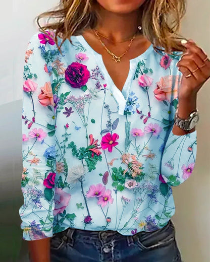 Women's Printed V-neck Long-sleeved T-shirt Top