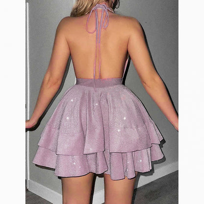 Women's Sparkly Halter Deep V Neck Backless Ruffle Sleeveless Sexy Mini Dress