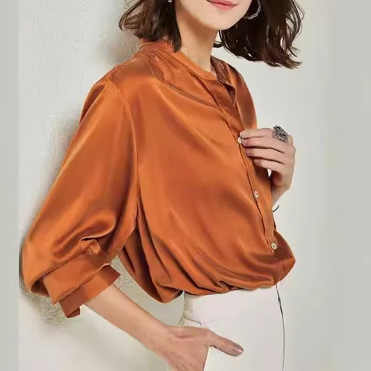 French Simplicity Loose And Lazy Style Silk Shirt For Women Autumn