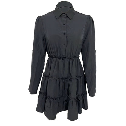 Ladies' Solid Color Casual Versatile Waist Cinched Long Sleeved Breasted Dress