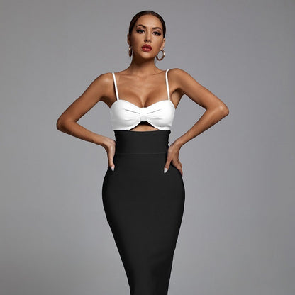 Fashion Waist Hollow Design New Sexy Solid Color V-Neck Halter Celebrity Party Club Bandage Long Dress