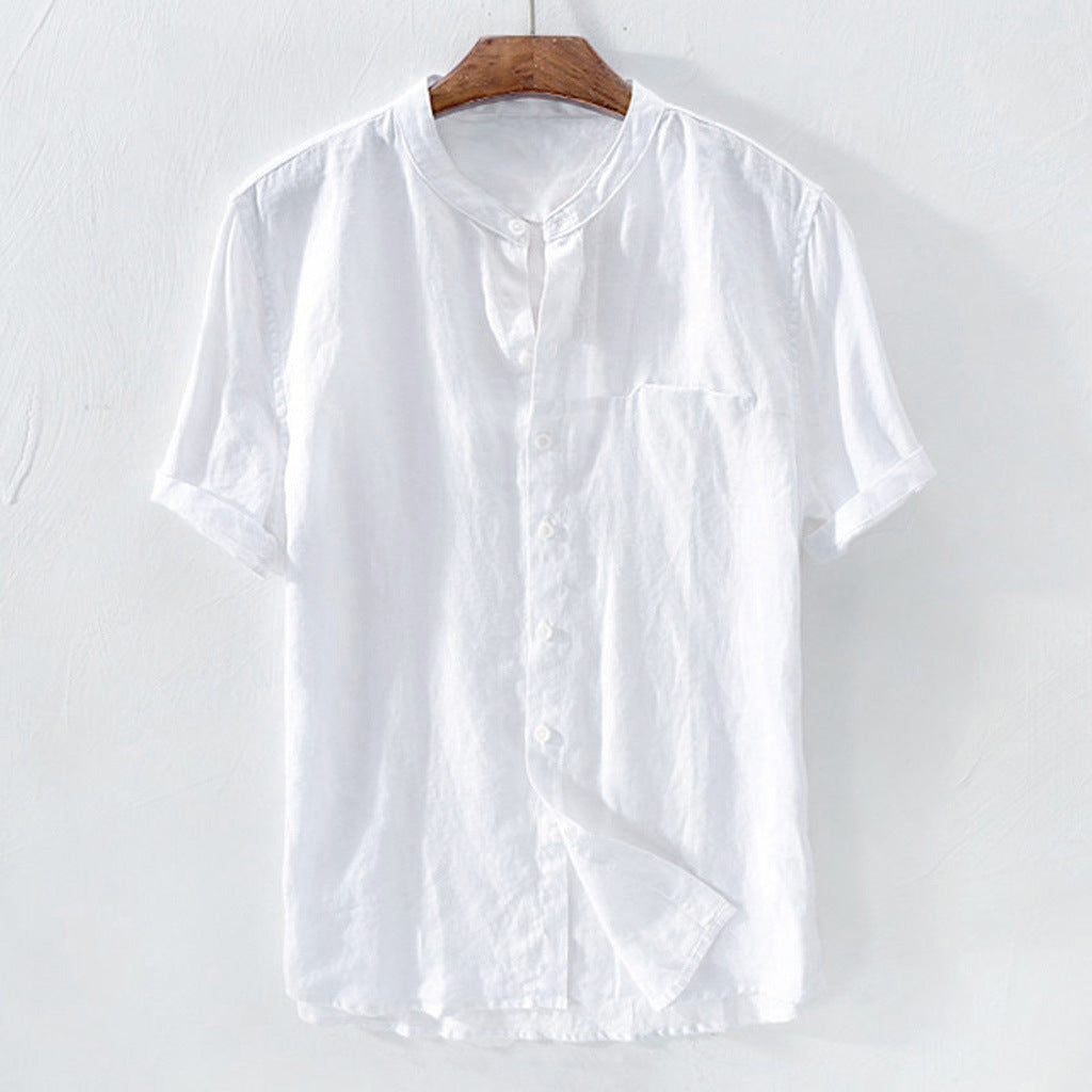 Thin Breathable Cotton Linen Standing Collar Shirt For Men