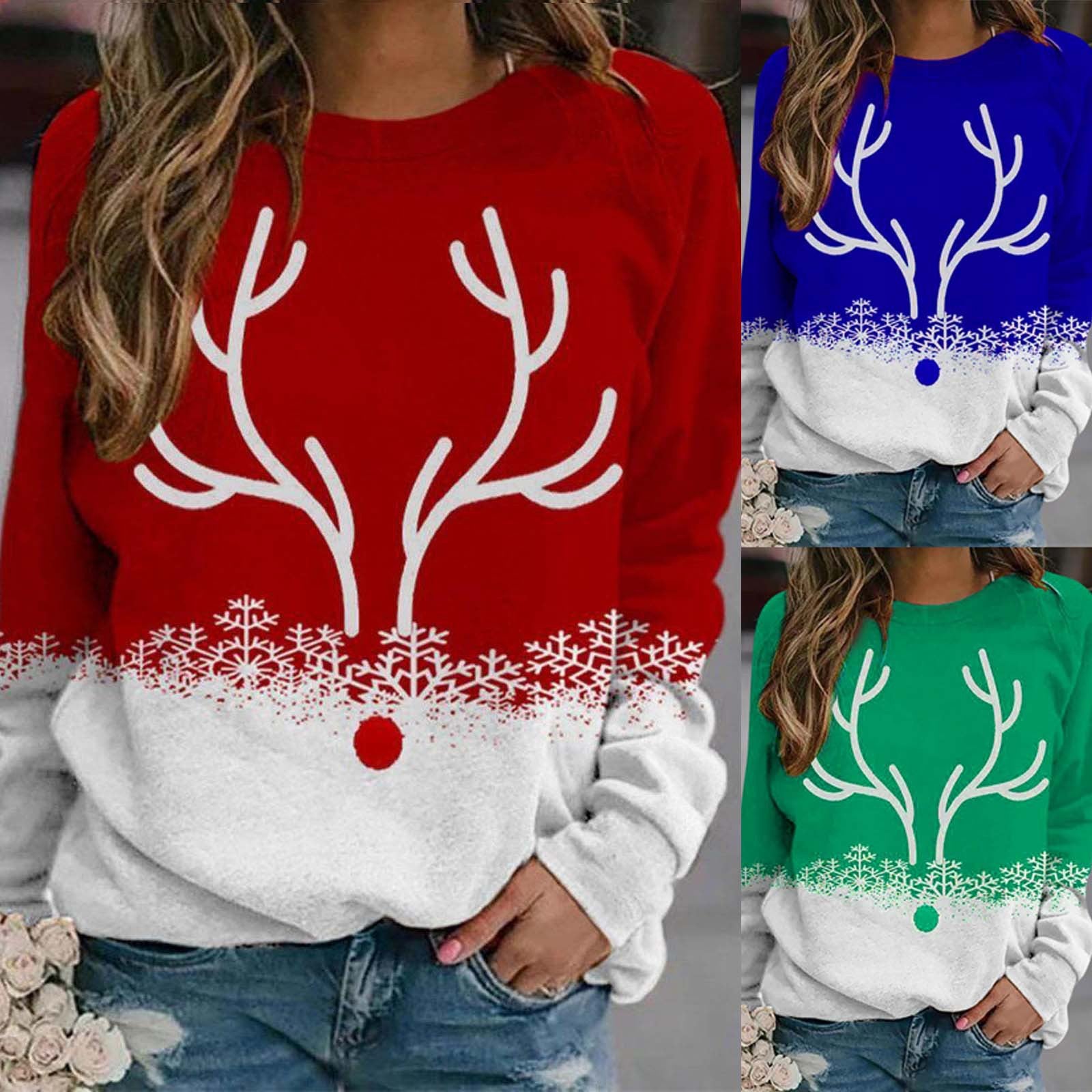 Snowflake Christmas Deer Printed Round Neck Street Pullover Sweater - myETYN