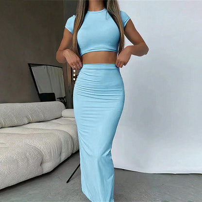 Female Casual Crop Top Hip Hugging A-line Skirt Set