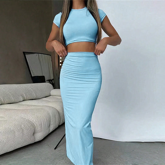 Female Casual Crop Top Hip Hugging A-line Skirt Set