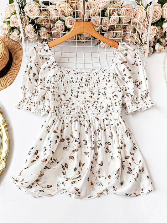 Women's Plus Size Elegant Floral Print Blouse - Summer Square Neck Short Sleeve Waist-Cinched Top For Work & Vacation