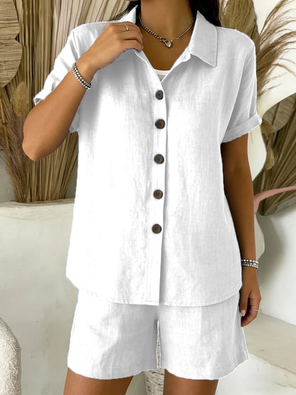 Casual Cotton-Linen Button-Up Shirt & Shorts Set – Breathable Summer Co-Ord for Women